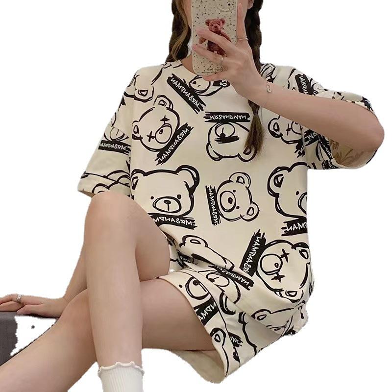 Jährlicher Pyjama Damen Imitationsbaumwolle Kurzarm Zweiteiler, Sommer Damen Erdbeer-Loungewear Kann Draußen Getragen Werden