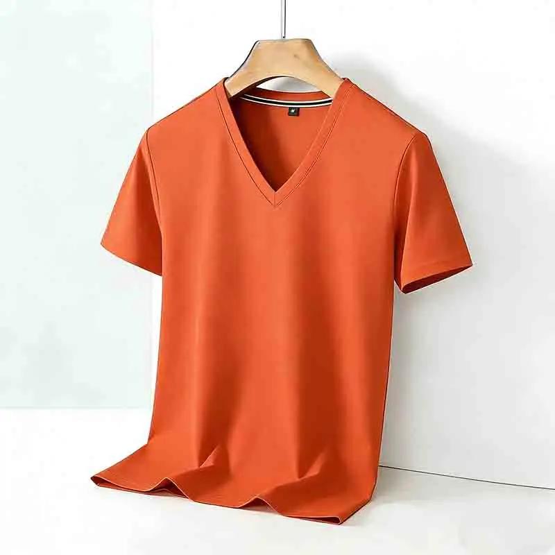 Men's Solid Color V Neck T Shirt Casual Slim Fit Breathable Short Sleeve Basic Top for Daily Wear Brown