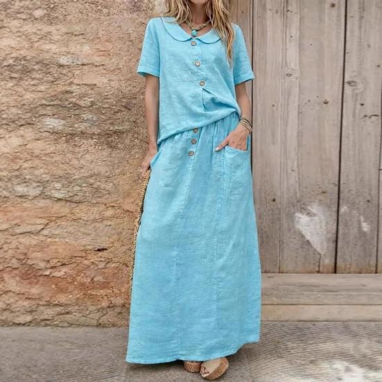 Women's 2 Piece Skirt Set Cotton Linen Short Sleeve Top And Maxi Skirt Matching Sets Summer Casual Vacation Outfits with Pockets