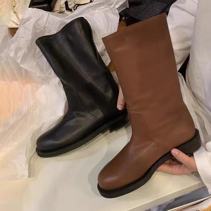 Cowhide version~ autumn and winter new flat-bottomed Martin boots retro leather versatile round head niche eversion medium boots short boots