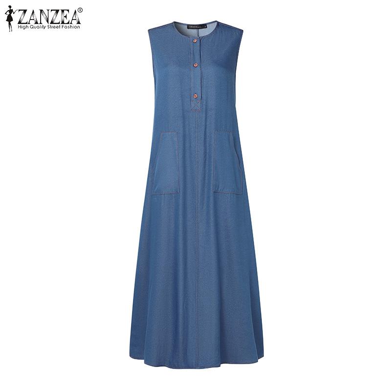 ZANZEA Damen Sommer Rundhals Lose Casual Ärmelloses Kleid