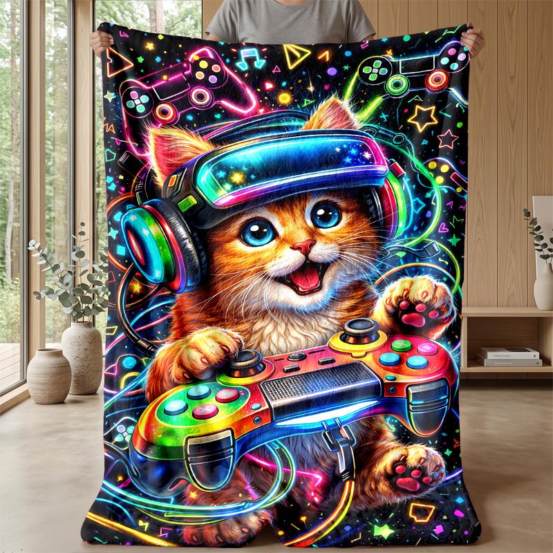 Furry Cat Night Scene Theme blanket Lightweight Warm Flannel Blanket Decorative Throw Blanket for Home Decoration