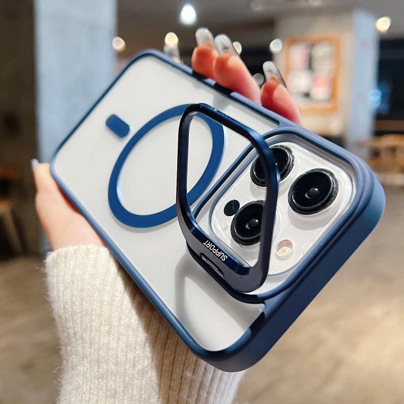 For Magsafe Stand Glass Lens Protector Case For iPhone 16 15 14 13 11 12 Pro Max 16 Plus Luxury Magnetic Shockproof Back Cover