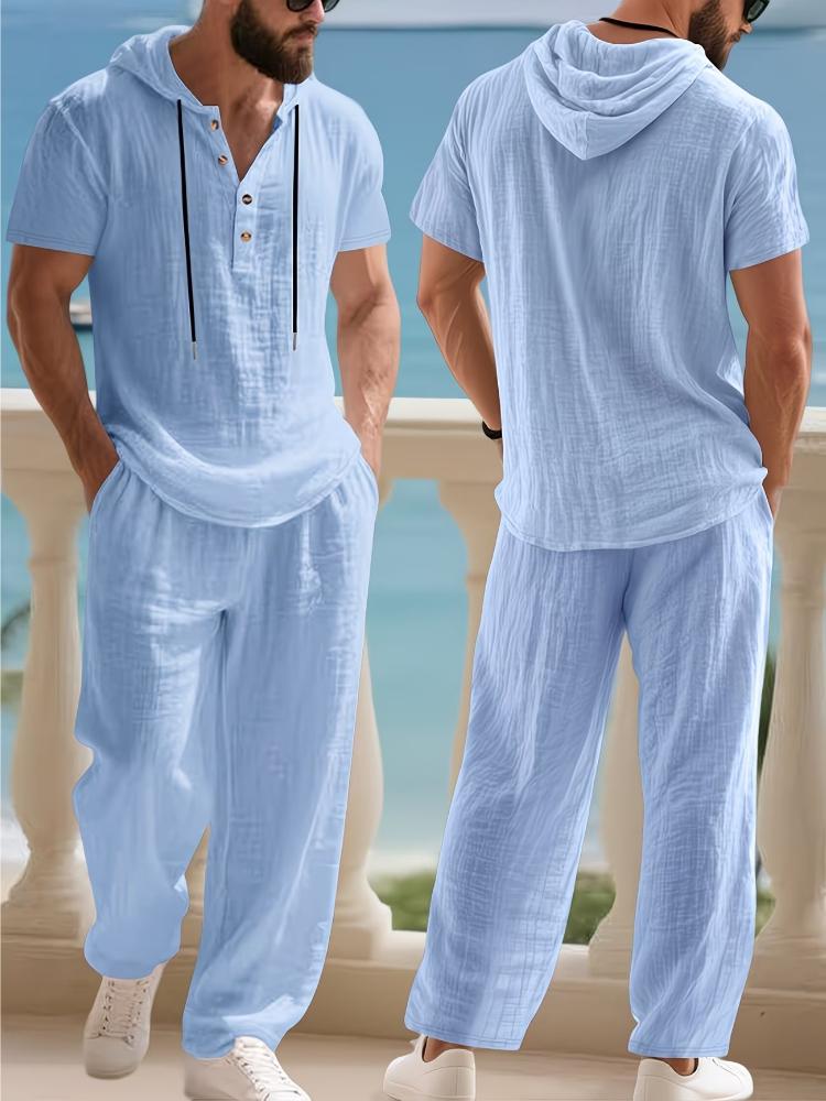 

Men S Casual Linen Hooded Shirt and Pants Set | Short Sleeve, Drawstring Waist, Non-Stretch, Solid White, Vacation Homewear with Woven Texture S синий