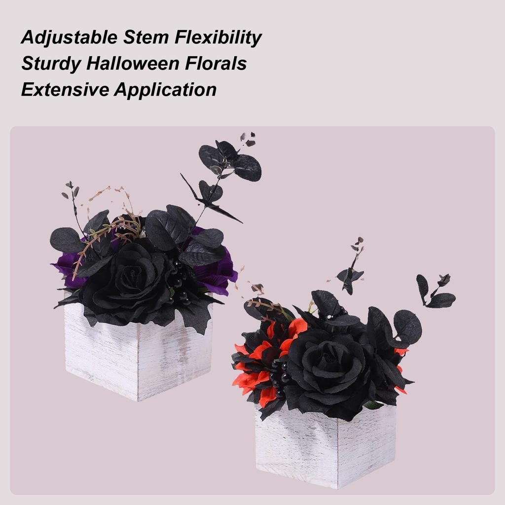 Halloween Flower Arrangement Day Of The Dead Artificial Black Flowers Bouquet With Wooden Vase Gothic-Style Centerpieces