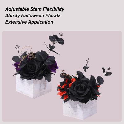 Arrangement Floral d'Halloween Jour des Morts Bouquet de Fleurs Artificielles Noires avec Vase en Bois Centres de Table Style Gothique