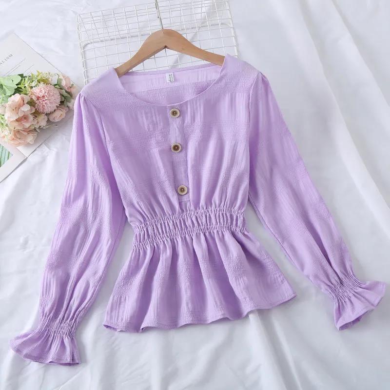 Nipped Waist Ruffled Uzun Kollu Şifon Gömlek Kadın Şifon Bluz Düz Pileli Kloş Kollu Üst Kadın