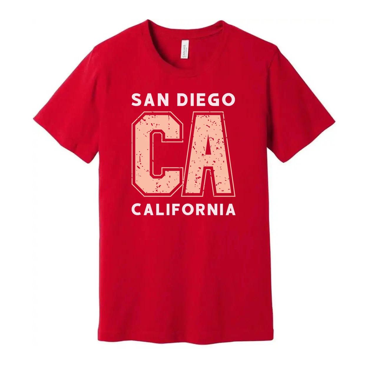 

San Diego California Unisex Graphic T Shirt With Large Distressed Peach CA Lette M