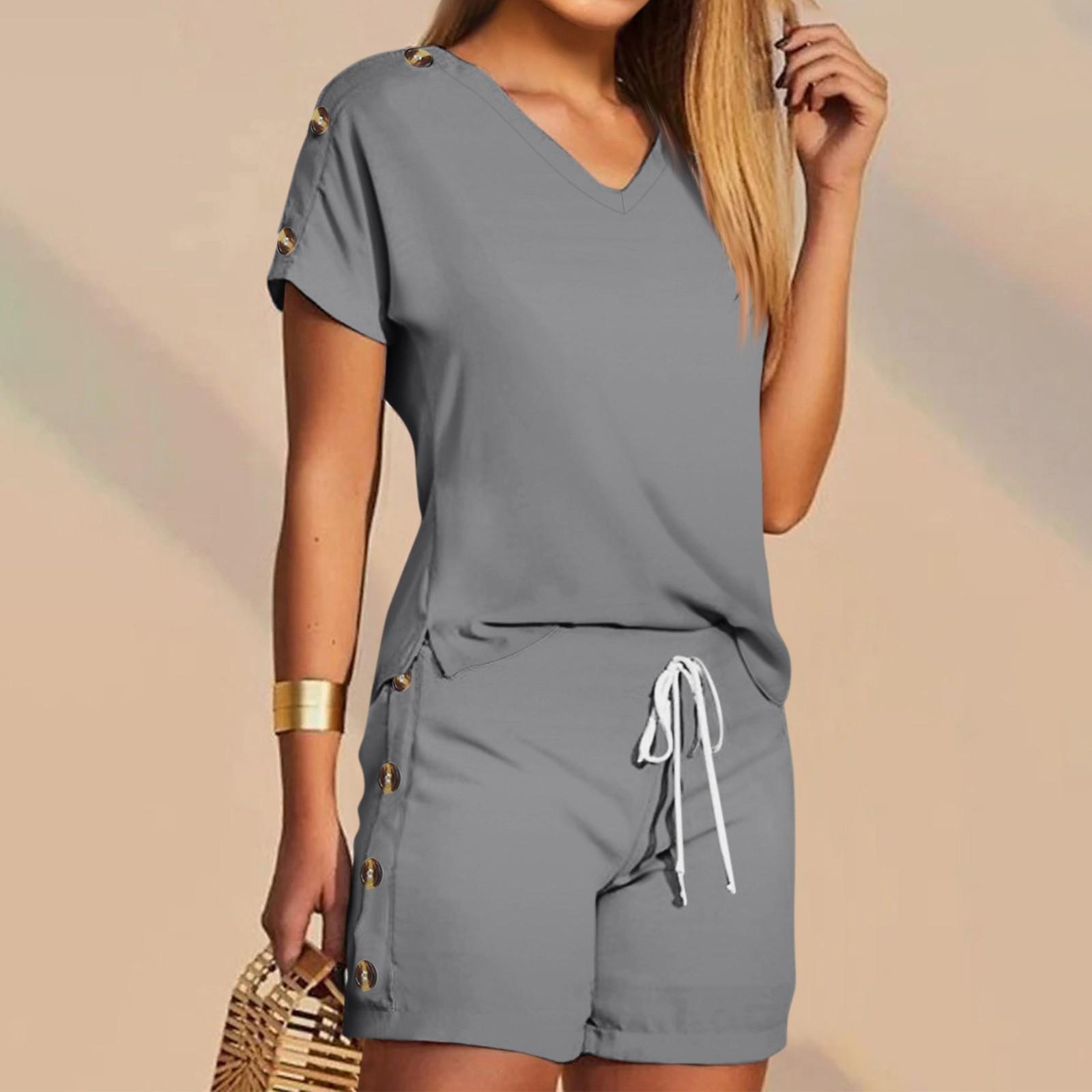 

Женские футболки, футболки, шорты, комплекты с графикой, повседневные однотонные комплекты с V-образным вырезом, стандартная посадка XXL