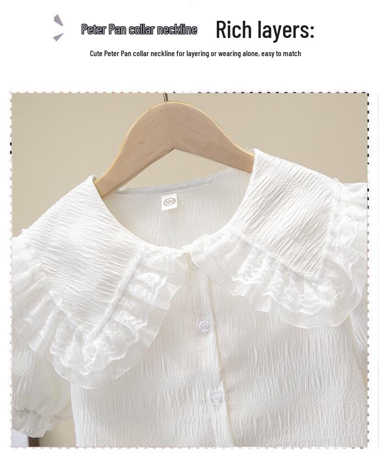 Girls' Short-Sleeve Summer Chiffon Shirt 2024 - White