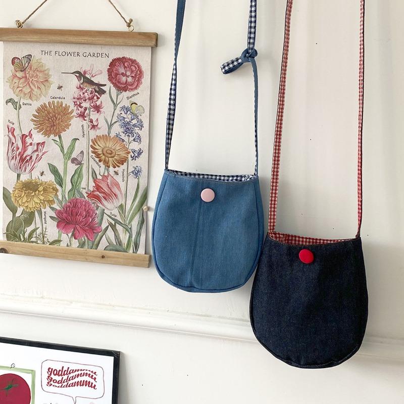 Cute egg bag simple mobile phone bag female versatile denim messenger bag plaid double-sided back messenger bag
