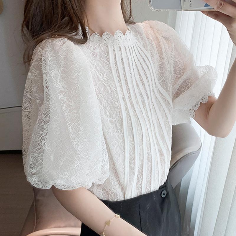 Fashion Summer Short Sleeve White Lace Blouse Shirt Women Tops