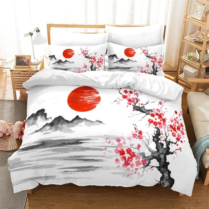 Ink Painting Duvet Cover Japanese Style Mount Fuji Comforter Cover Red Cherry Blossoms Print Bedding Set For Adults Teens Girls