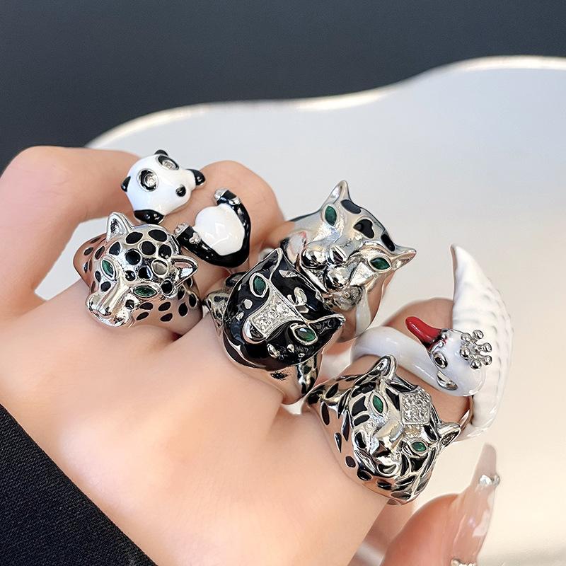 Tiger Panda Swan Open Ring Niche Design Cold Wind Jewelry Enamel Dripping Oil Index Finger Ring