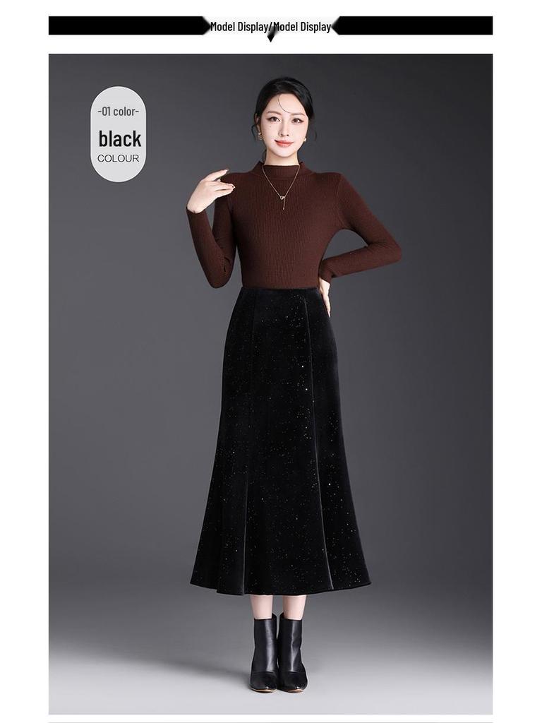 Black Velvet Sequin Fishtail Skirt - 2026 Spring High-Waisted Bodycon Skirt for Commuting