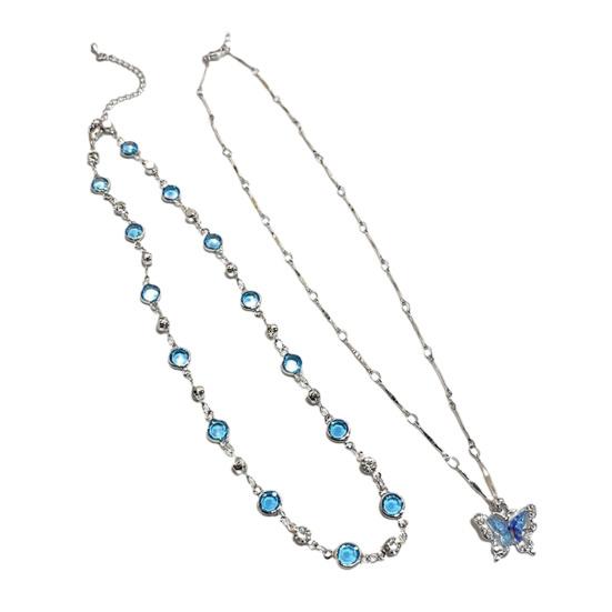 Blue Butterfly Necklace Women Rhinestone Choker Butterfly Pendant Necklace for Daily Wear Summer Party Date Beach