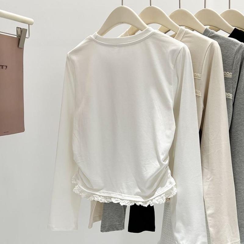 Zimní podzimní elegantní krajkové prošívání falešné dvoudílné tričko s dlouhým rukávem, halenka, dámské v novém designu s mašlí, sladké tričko se spodním dílem