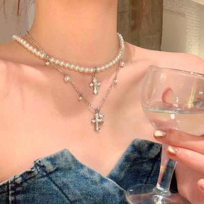 Collier Perle Croix Double Empilé Femmes Luxe Léger Niche Sens Premium Chaîne de Clavicule Chaîne de Cou Polyvalent