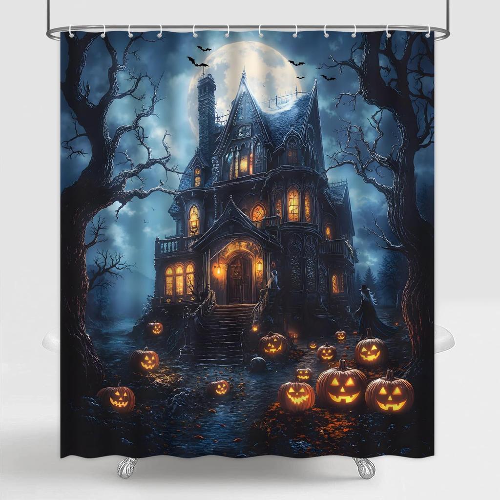 Spooky Castle Halloween Shower Curtain Gothic Haunted House Pumpkin Crow Bat Dead Tree Full Moon Forest Night Halloween Bathroom