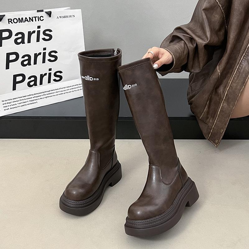 Soft Leather Tall Elastic Boots 2025 Autumn and Winter New British Style Heightened Thick-soled One-pedal Short Women's Boots Knight Boots