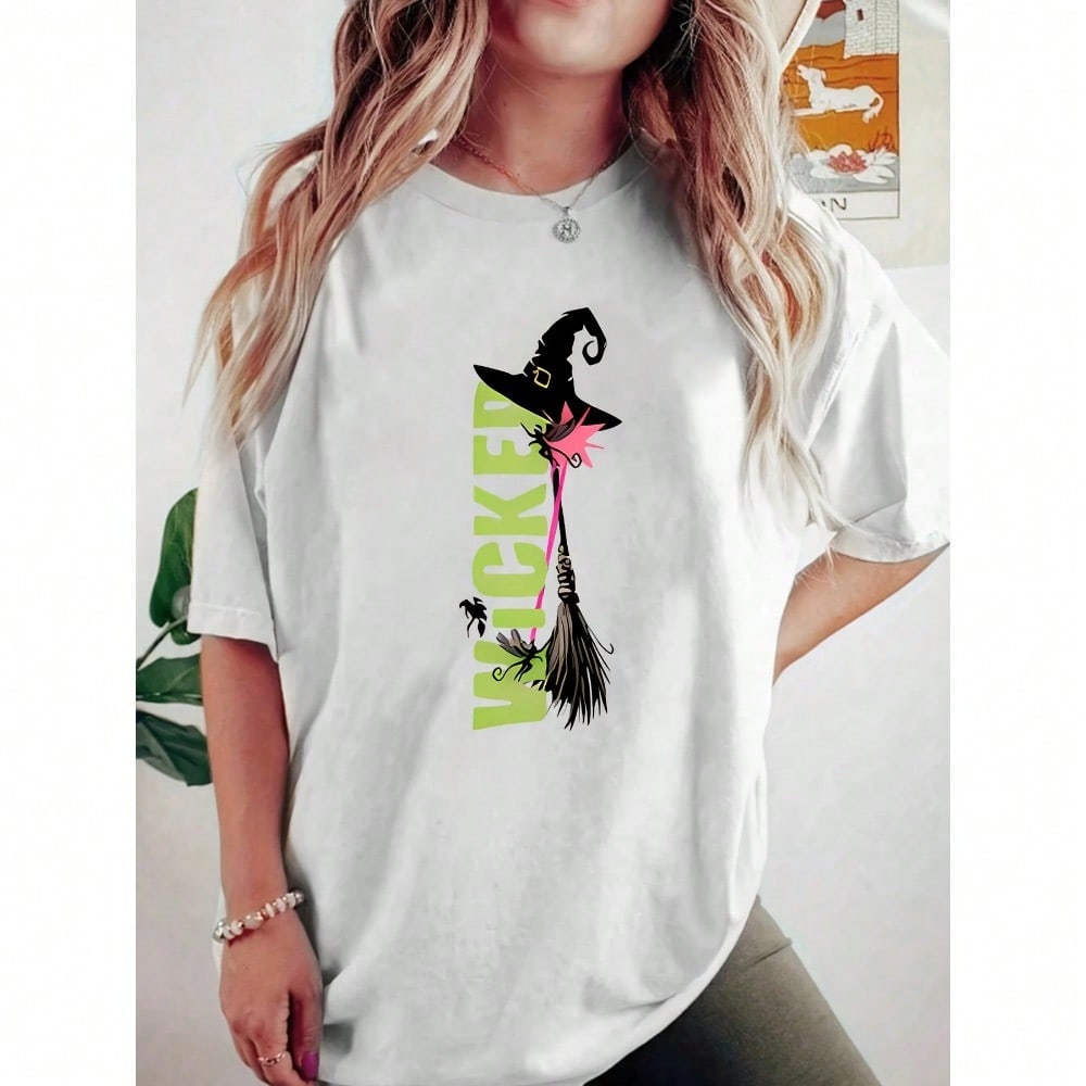 Evil Witch Hat And Broom Printed Wounisex Short Sleeved T-Shirt - Summer Casual Polyester Fiber Blended Top Medium Stretch S разноцветный