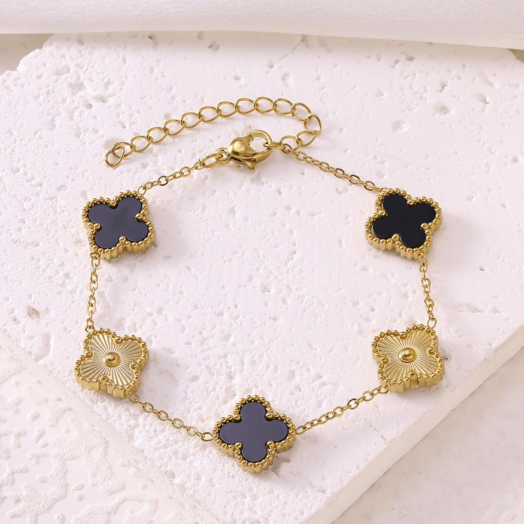 Stainless Steel 18K Double-Sided Mother-of-Pearl Four-Leaf Clover Bracelet for Men & Women - Simple Colorfast Jewelry