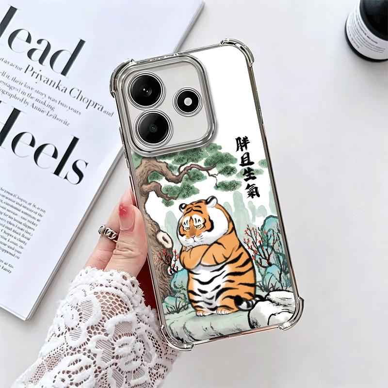 Cartoon Fat Tiger Funny Plating Phone Case For Xiaomi Redmi Note 14 15 Pro Plus 13 12 11 11S 11T 10 9S 9 5G Anti-Fall Airabag Co
