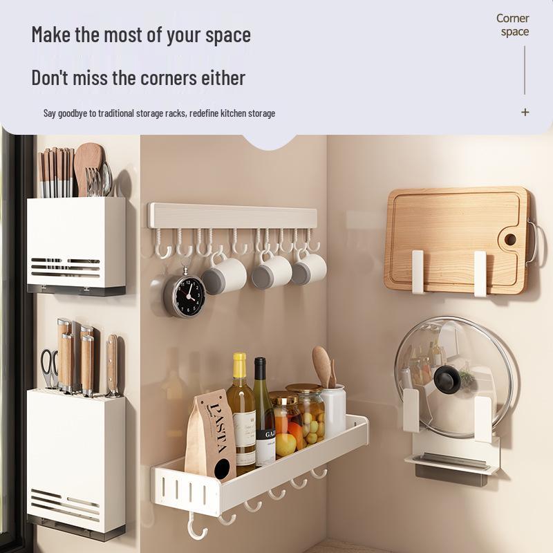 White Wall-Mounted Kitchen Rack: No-Drill Seasoning, Knife, and Chopsticks Organizer