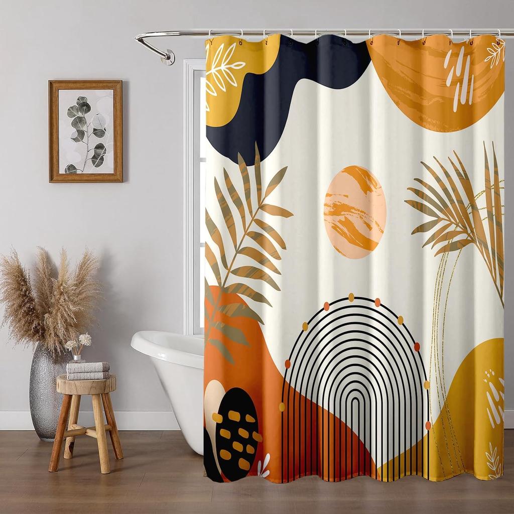 Boho Mid Century Shower Curtain, Modern Colorful Orange Aesthetic Cute Funky Bathroom Decor, Abstract Plant Arch Sun Shower