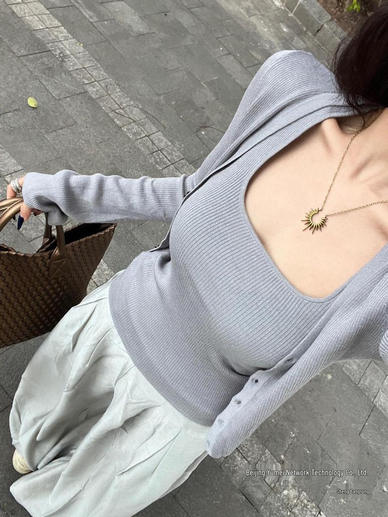 Grey Knitted Camisole and Cardigan Two-Piece Set - Korean Style, Early Autumn, Slimming and Slim Fit