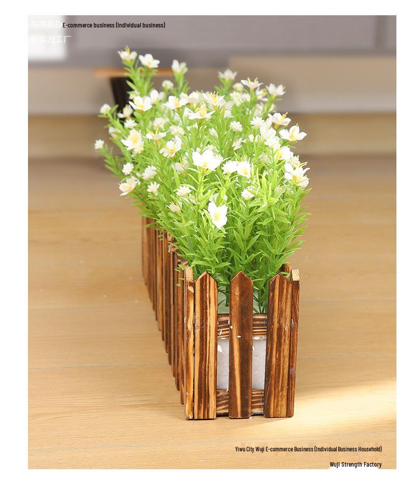 Silk Flower Pot with Wood Fence: Decorative Bonsai for Living Room or Office.