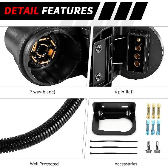 7 Pin Trailer Wiring Harness Kit, Trailer Tow Hitch Wiring Harness Plug Connector Kit, Truck Plug for Ford F-150 F-250 F-350 GM Chevy Dodge Ram,7