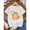 European Sizes Girls' Casual Short-Sleeve Round Neck Top with Ice Cream Cat Print, Perfect for Cool Outfits During Spring And Summer Outings