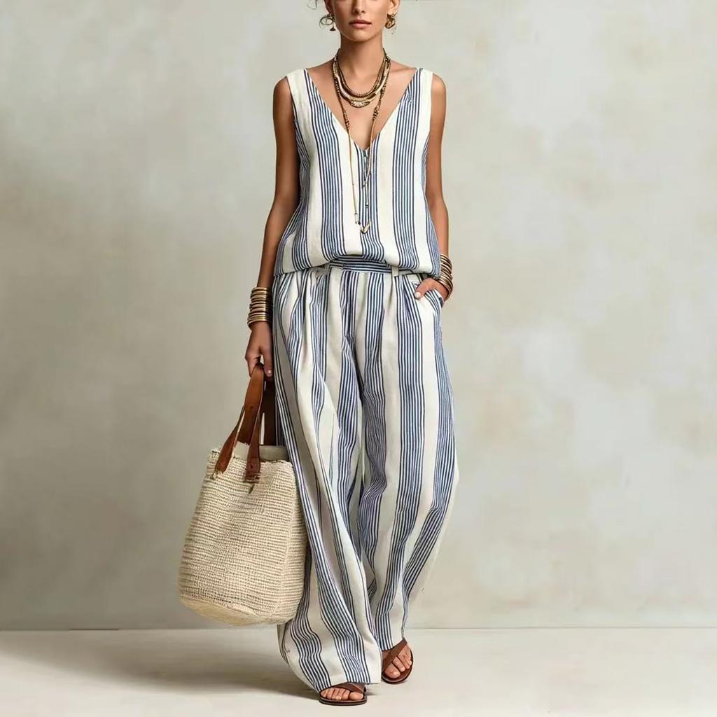 Womens Sleeveless V Neck Vacation Striped Top and Wide Leg Pants Set Casual Summer Outfit Lightweight Relaxed Fit Two Piece