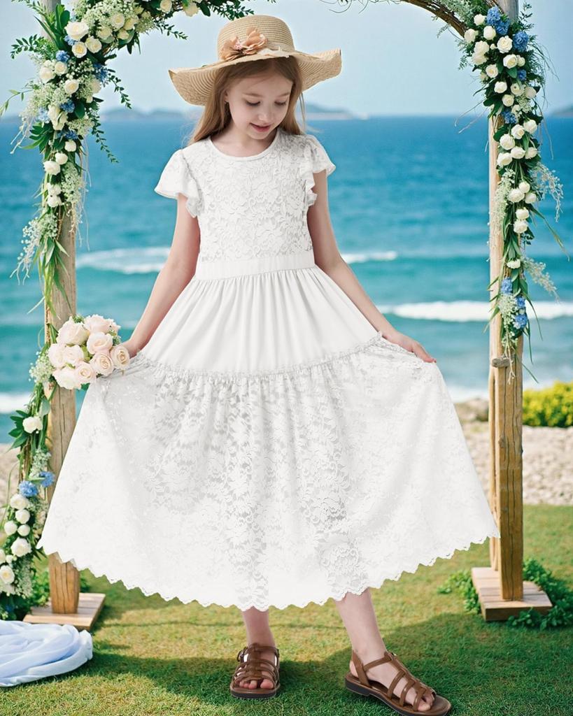 Rolanko Lace Ruffle Bohemian Perfect for Size 120 Kids' Dress, Girls' Dress, Parties, Weddings, Recitals, White,