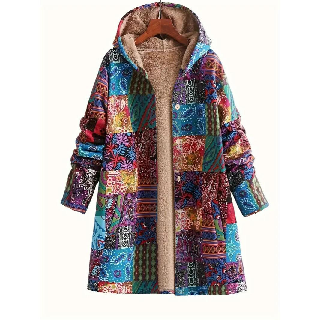 

Autumn and Winter Printed Retro Loose Hooded Warm Top Ethnic Style Ladies Spring and Autumn Jacket Plus Velvet Slim Fit 2XL