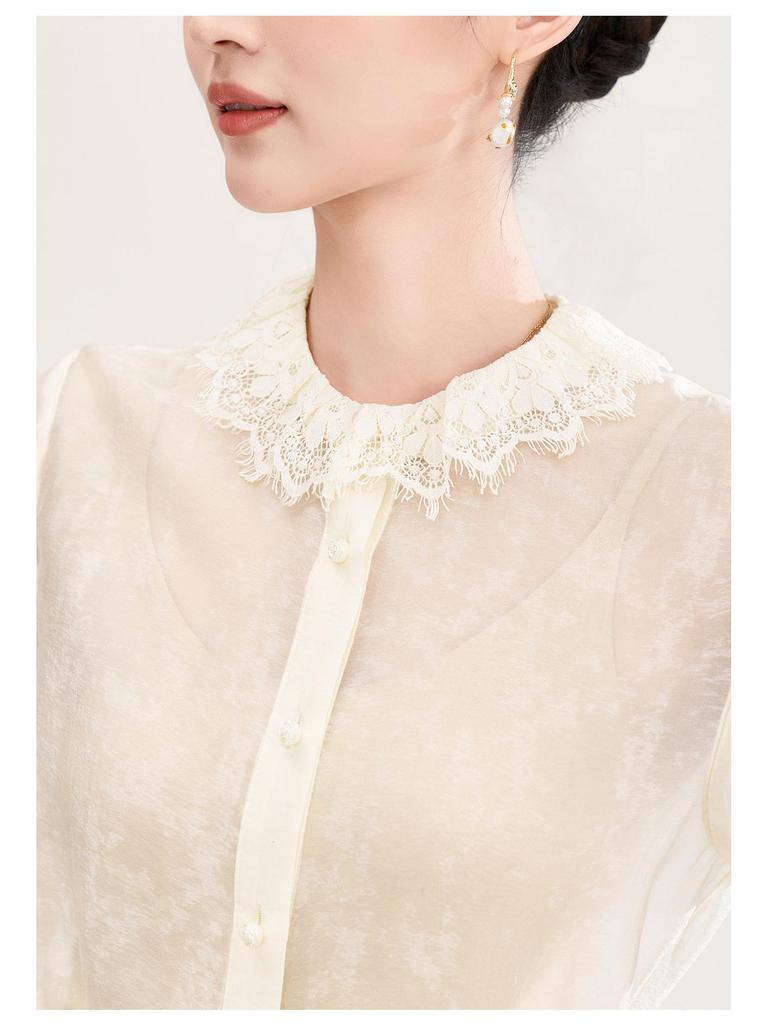 Nanyou High-Quality Lace Trim Mist-Effect Ice Silk Long-Sleeve Women's Shirt