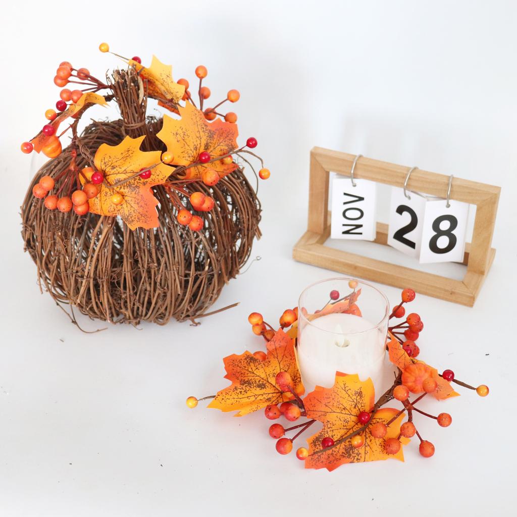 Halloween Candle Ring with Pumpkin Maple Leaves Plastic Harvest Wreath Decor for Thanksgiving Fall Party Desktop Decoration