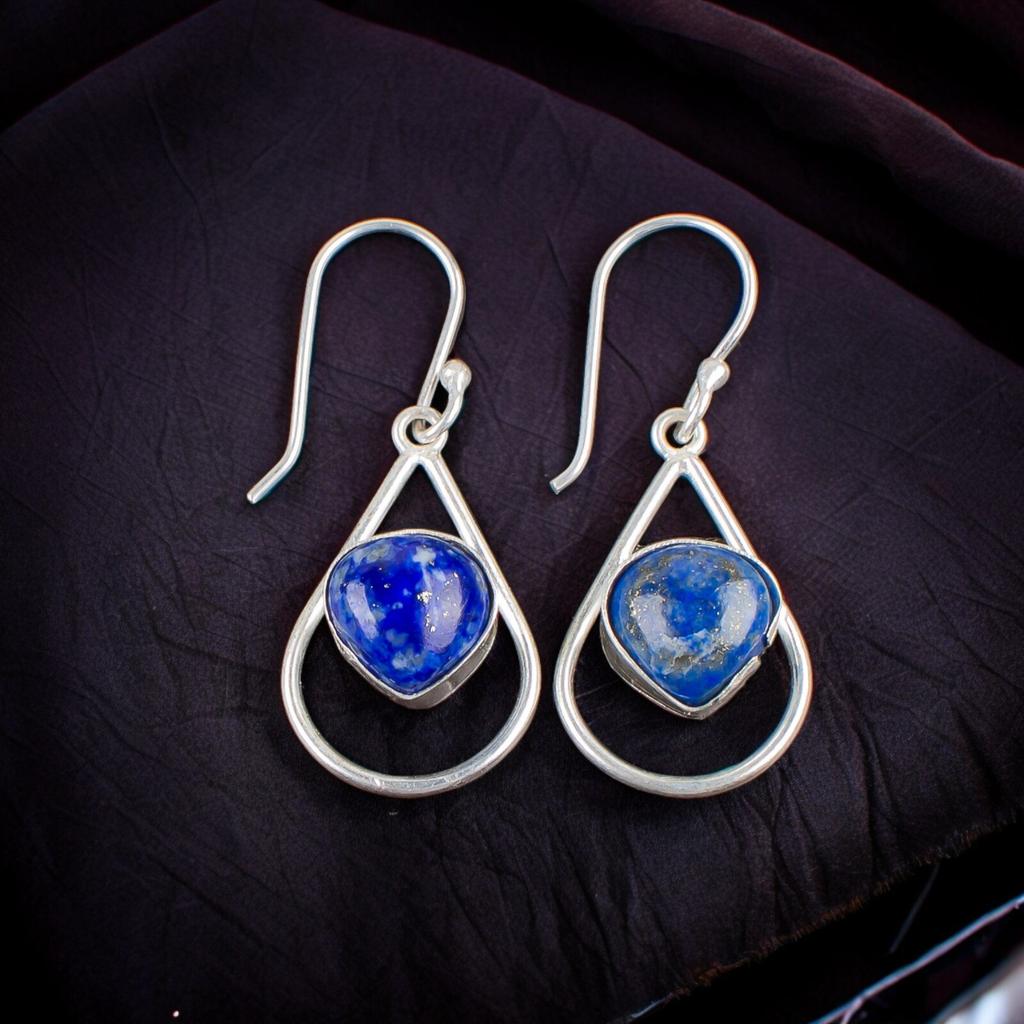 Přírodní drahokam Lapis Lazuli Stříbro ryzosti 925 Visací náušnice Svatební dar EE-38-25