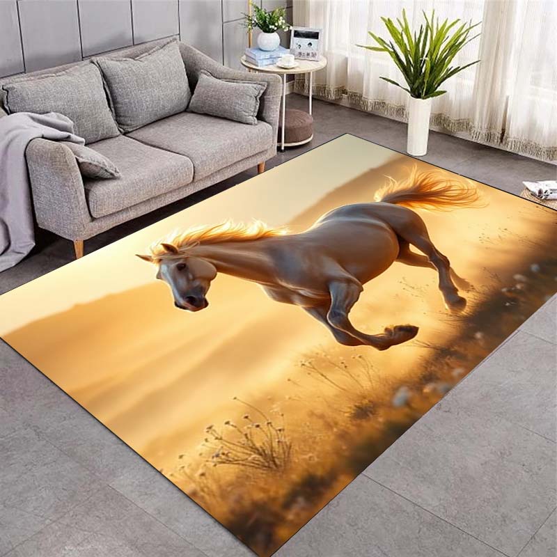 Magical Eight Running Horses Golden Smoke Print Area Rug Wildlife Animal Non‑Slip Rectangular Floor Mat Horse Lover Bedroom Home Decor Rug