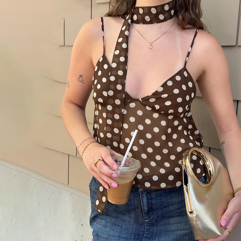 European and American women's clothing winter new fashion Spice Girls pure desire wind V-neck halter polka dot sling small vest