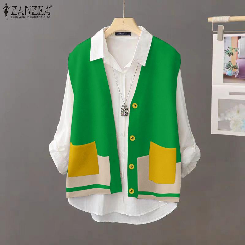 ZANZEA Chalecos sin mangas con bolsillos y bloques de color vintage para mujer