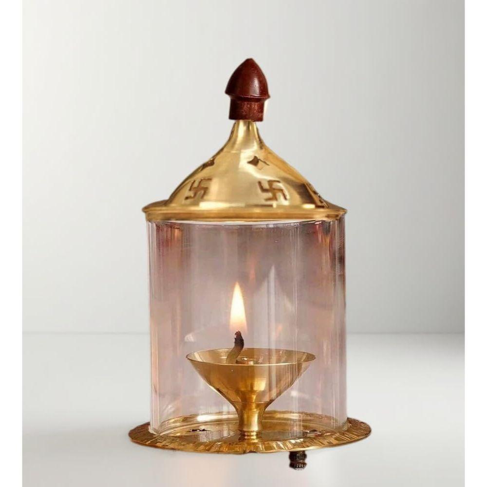 Brass and Glass Akhand Deep Diya with Cover for Puja | Deepam Jyot Diya Oil Lamp | Pooja Articles and Pooja Items for Home Temple 4.8 Inch