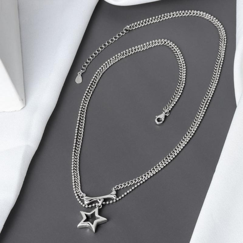Dainty Star Pendant Necklace for Women Y2k Simple Bead Chain Necklace Double Layered Clavicle Chain Valentines Day
