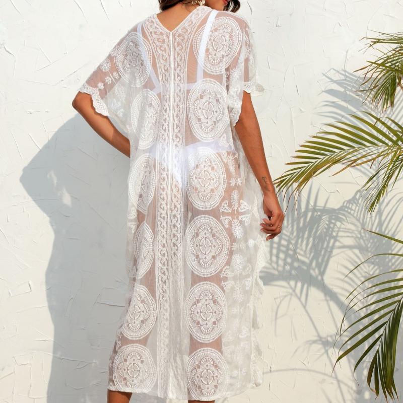 Women's Beach Bikini Blouse Water Soluble Lace Deep V Sexy Perspective Dress