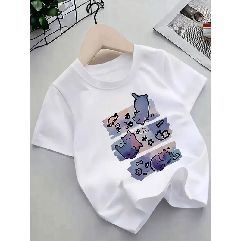 European Sizes Girls' Pink Cat Print  T-Shirt - Summer Short Sleeve Round Neck Top with Kitten & - & Casual Blouse, Cute Kitten Face Design, Easy-Care