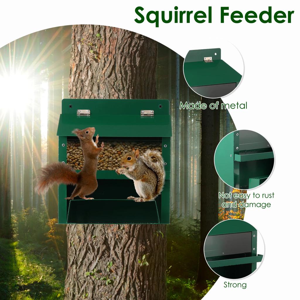 Metal Squirrel Feeder with Transparent Bin Roof Feeders for Outdoor Garden Backyard Sturdy Food Containers Squirrel Feeder House