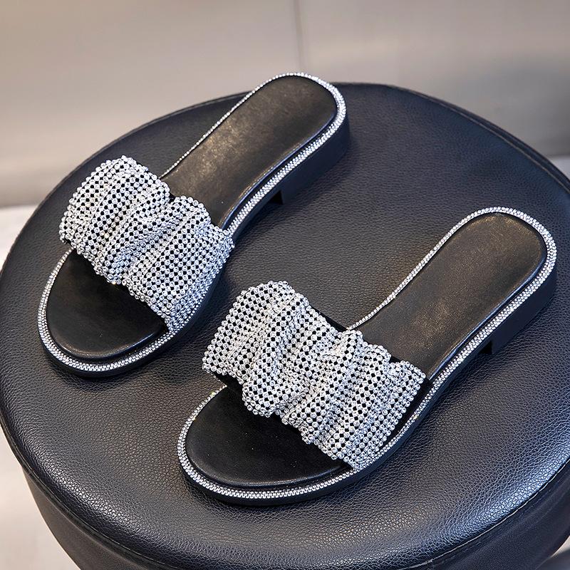 Rhinestone Cool Slippers for Women To Wear 2025 New Summer Women's Fashion Versatile Women's Shoes One-word Drag Thick Heel Shoes Drag Women