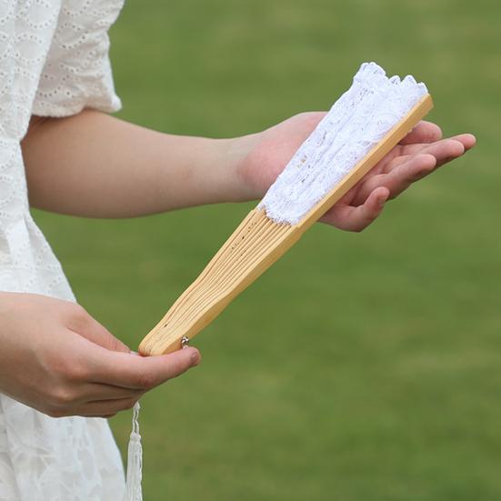 Vintage Style Folding Fan with Lace Trim And Tassel Pendant Elegant Fabric And Bamboo Handheld Fan Hollowed Hand Fan for Wedding Party Home Decor
