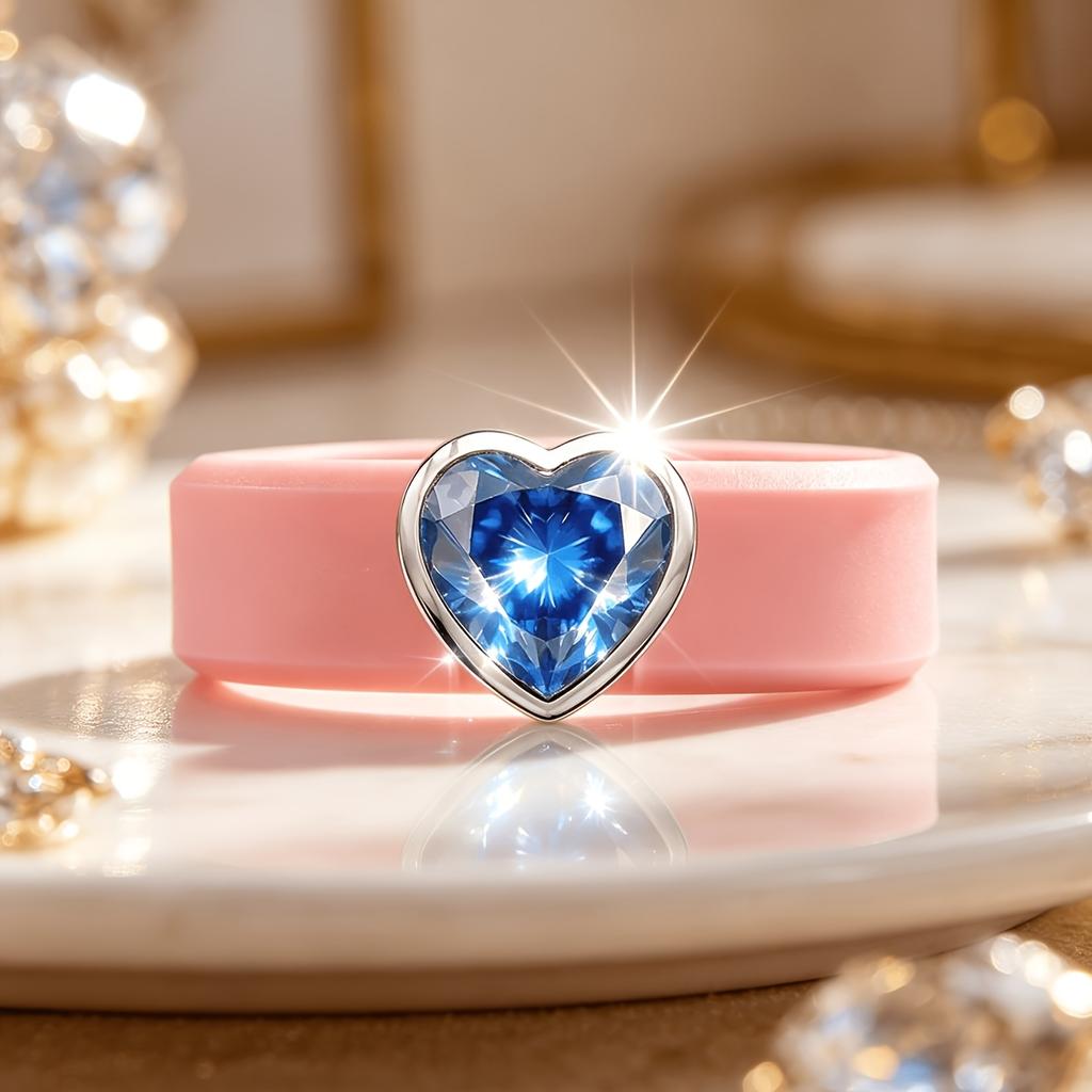Pink Silicone Ring with Heart-Shaped Blue CZ,Safe Durable Band Comfortable & Stylish Statement Jewelry for Women